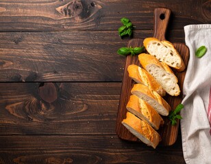 Freshly Sliced Baguette on Rustic Wooden Board with Basil