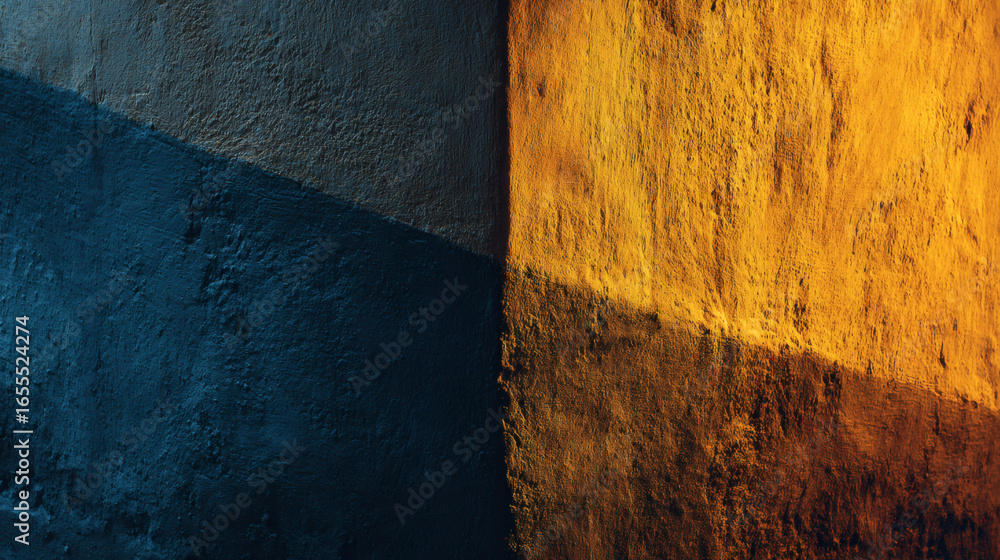 Poster textured wall displays striking contrast with gradient of muted mustard yellow merging into deep blu