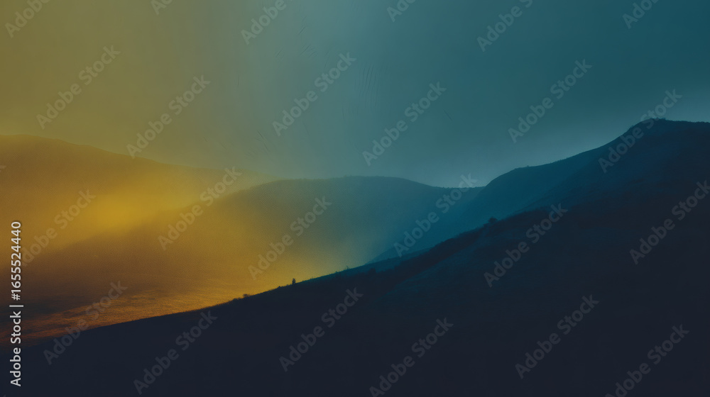 Poster serene landscape features gradient of muted mustard yellow merging into deep blue, creating tranquil