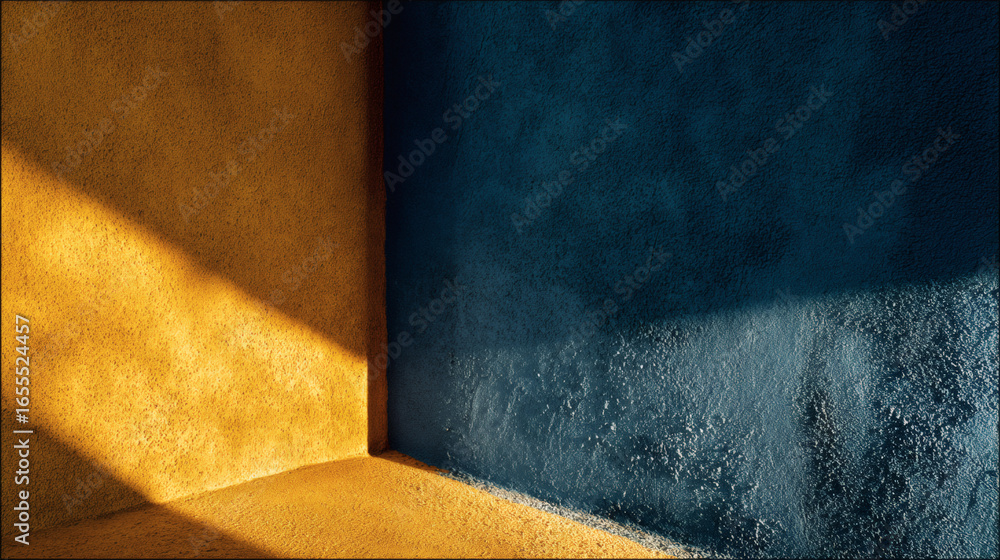 Poster textured wall with gradient of muted mustard yellow merging into deep blue, creating dramatic contra