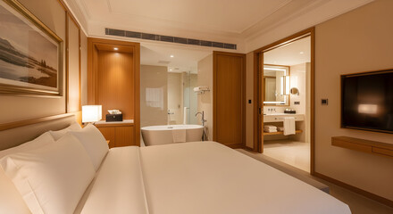 Luxurious Hotel Room Interior with Modern Bedroom and Integrated Bathroom Design for Ultimate Comfort and Relaxation