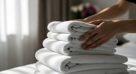 Housekeeping perfection: Hands neatly stacking fresh white towels on a hotel bed, symbolizing comfort and service.