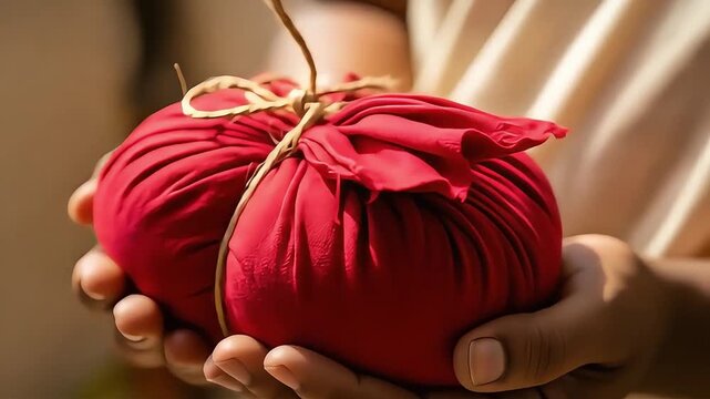 Ayyappa convention cupped hands offering a sacred red cloth bundle with deep cultural and spiritual significance in a traditional hindu ceremony