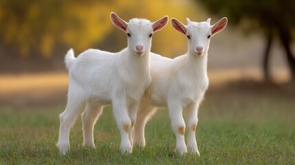 Obraz premium Two adorable white baby goats standing together in a grassy field during golden hour, showcasing their innocence and curiosity