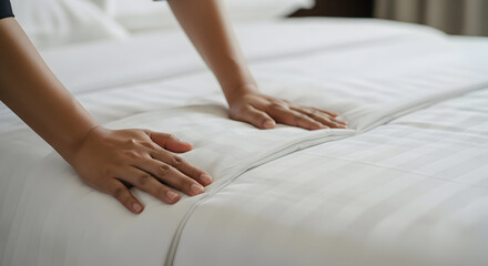 Hands of a Housekeeper Tending to a Freshly Made Hotel Bed, Highlighting Cleanliness and Comfort