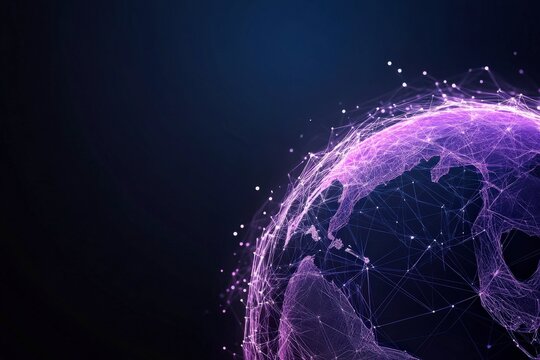 Abstract digital network of glowing connections covering the surface of planet earth in deep space with a dark background