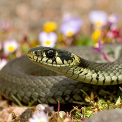 Close-up of a snake among wildflowers