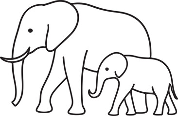 Obraz premium mother and baby elephant line art drawing vector illustration