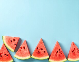 Fresh Watermelon Slices on Vibrant Blue Background with Copy Space