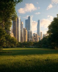 Obraz premium Lush green city park surrounded by tall skyscrapers, symbolizing balance between urban development and nature.