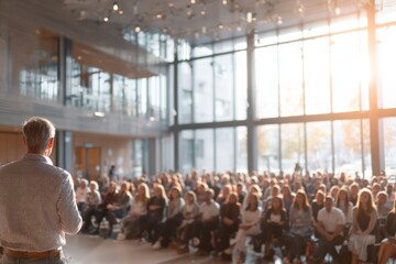 CEO addressing employees in a town hall meeting with a large audience, representing leadership and corporate communication.