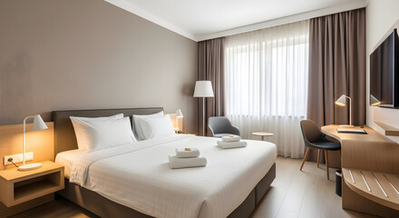 Modern and inviting hotel room interior with comfortable bed, desk, and natural light, perfect for business or leisure travel.
