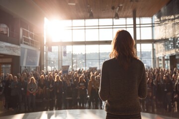 CEO addressing employees in a town hall meeting with a large audience, representing leadership and corporate communication.