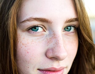 Close-up of a young woman's face with freckles