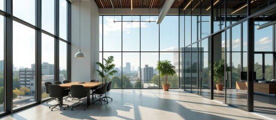 Fototapeta premium Modern office space with large windows, city view and a bright atmosphere.