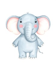 Cute cartoon baby elephant, light grey, pink ears, standing (1)