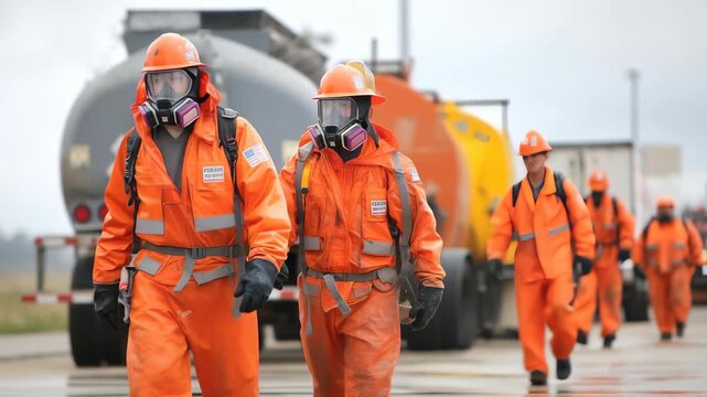 Workers in safety gear manage hazardous materials at industrial site during overcast weather