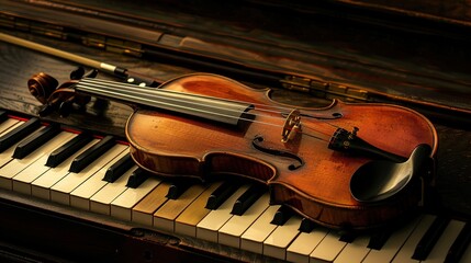 Naklejka premium Elegant arrangement of classical instruments, violin and piano keys glowing with timeless musical charm.