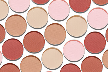 Cosmetics texture pattern, Neutral brown beige eye shadow makeup palette, round eye powder swatches. Female cosmetic and beauty products, aesthetic minimal beauty photo, natural eyeshade, top view