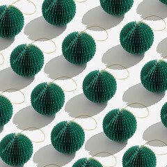 Green Paper Christmas Ornaments as round balls, hanging crafted eco-friendly New Year decorations....