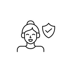 Verified audio safety, trusted user hearing protection, secure quality. Woman listening in headphones. Pixel perfect, editable stroke vector icon