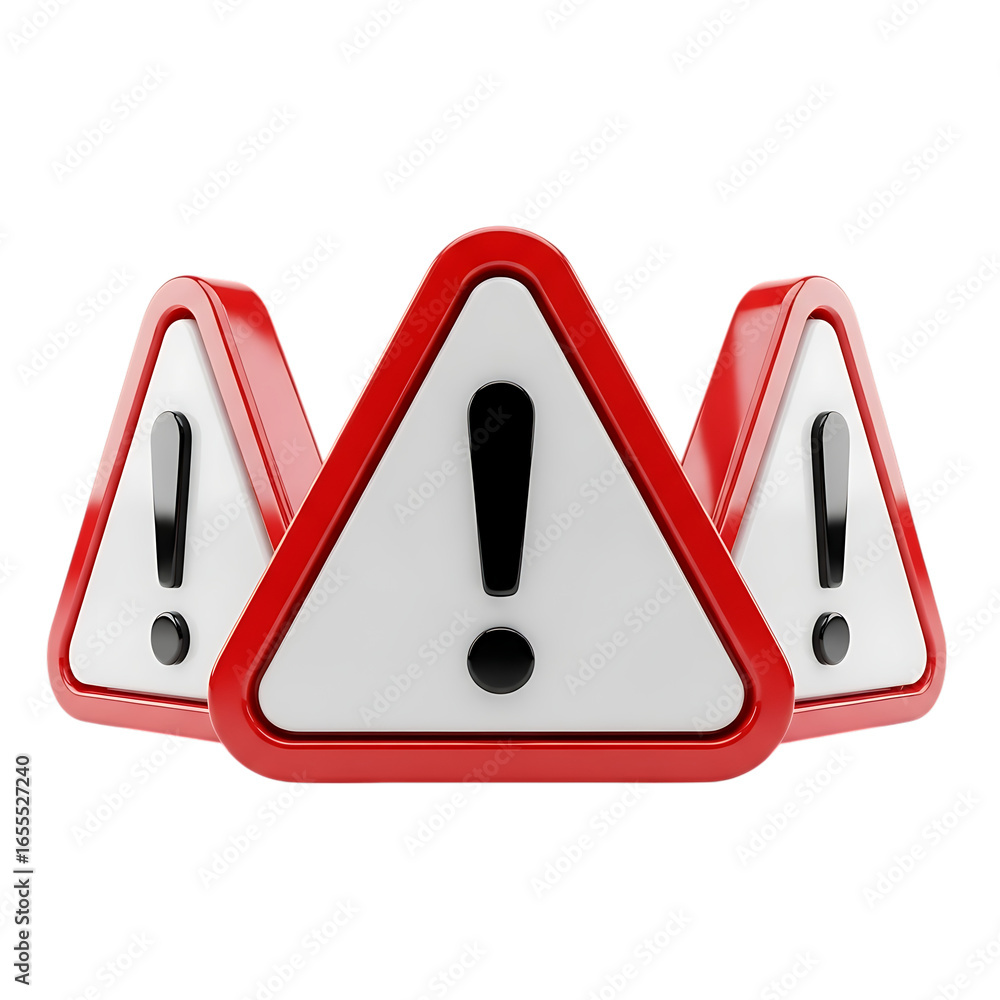 Fototapete three red warning signs with exclamation mark isolated on transparent background to represent danger
