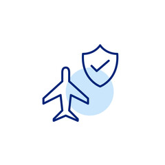 Airplane, shield and checkmark. Protected trip, certified aviation standards, safe flying. Pixel perfect, editable stroke vector icon