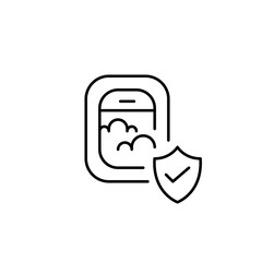 Airplane window, shield and checkmark. Verified flight safety, trusted air travel, secure journey, approved airline. Pixel perfect, editable stroke vector icon
