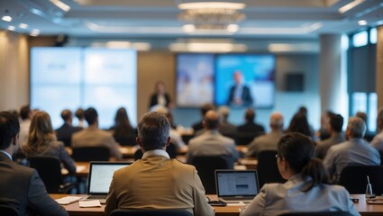 Confident businessman giving a presentation in front of crowd in meeting conference seminar room. Leadership authority teamwork in business concept