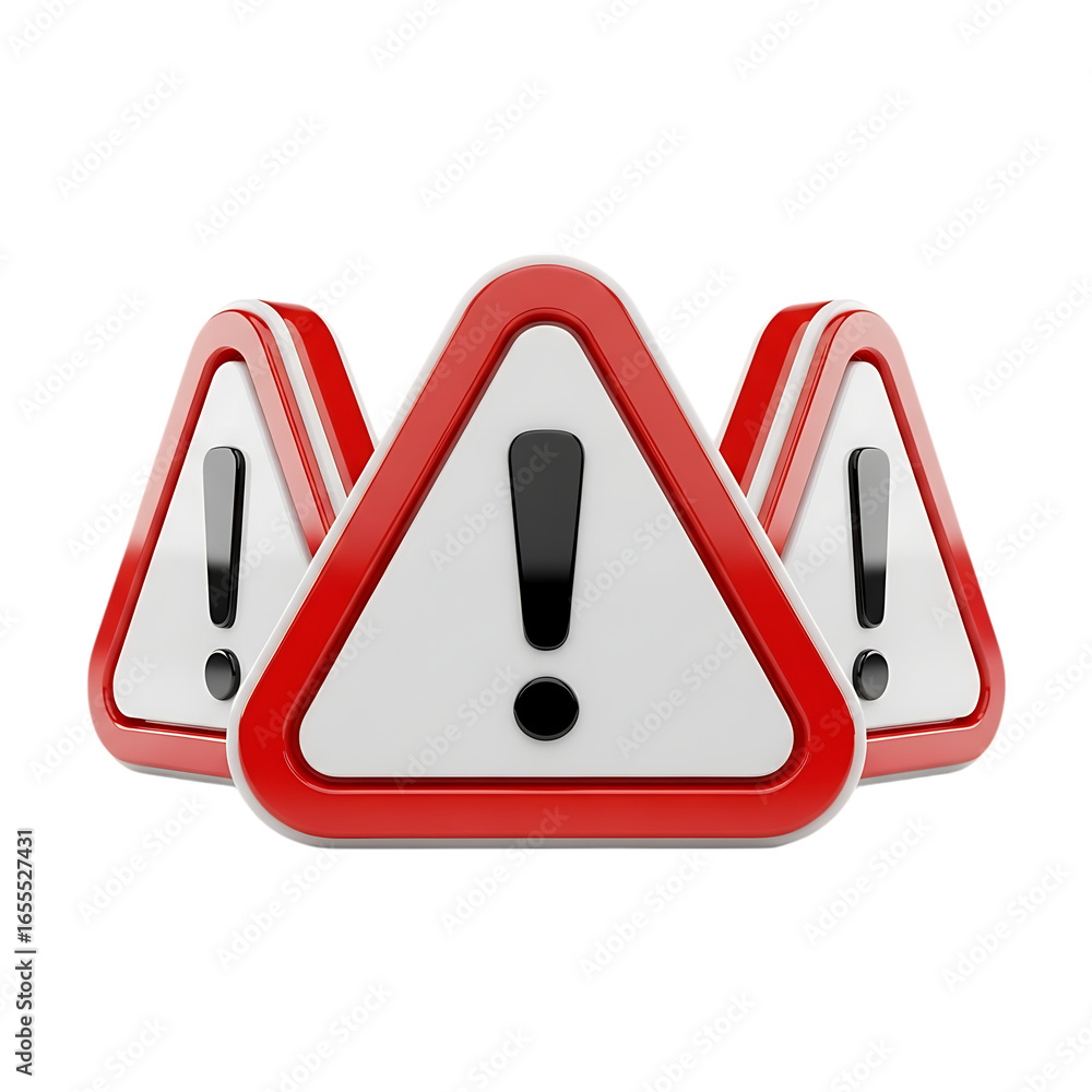 Poster three dimensional warning sign with exclamation mark isolated on transparent background for attentio