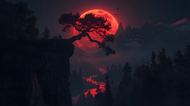 Dark fantasy landscape with a glowing blood moon over mountains, a fiery river flowing through the valley, and silhouettes of trees and birds in the night sky.
