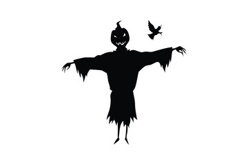 Fototapeta premium Scary scarecrow silhouette with crow isolated on white background