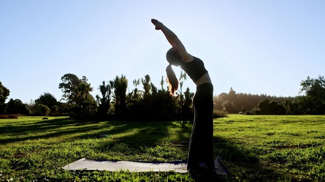 Yoga teacher performing standing backbend in New Zealand park
