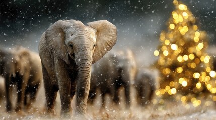 Elephant in Snowy Landscape with Festive Bokeh Holiday Lights