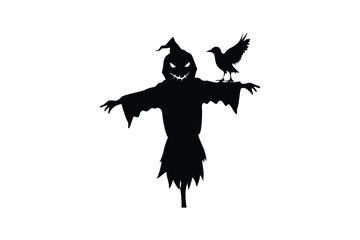 Fototapeta premium Scary scarecrow silhouette with bird flying isolated on white background