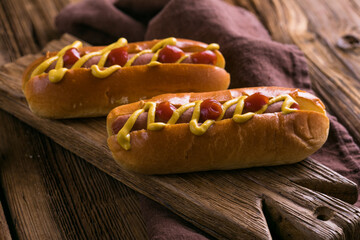 Hot Dog on Wooden Background – Classic American Fast Food Snack