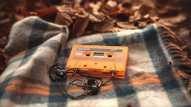Vintage cassette tape with headphones resting on a cozy blanket surrounded by autumn leaves in the afternoon sun