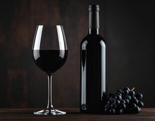 Fototapeta premium Elegant Red Wine Bottle and Glass with Fresh Grapes on Dark Background