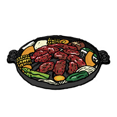 An illustration of lamb and vegetables being grilled in a jingisukan pan