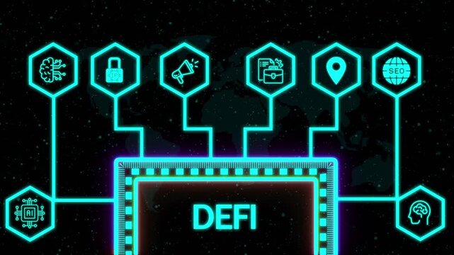 DeFi Decentralized Finance on dark blue abstract polygonal background. Concept of blockchain, decentralized financial system,