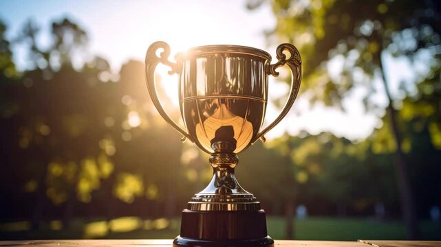 Golden trophy award outdoor sunlight