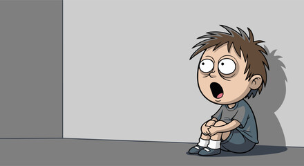 Cartoon Boy with Wide Eyes and Open Mouth Sitting Hugging Knees