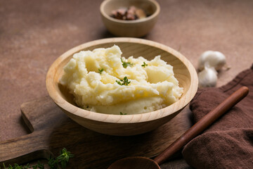Mashed Potatoes with Thyme in Wooden Bowl – Rustic Comfort Food