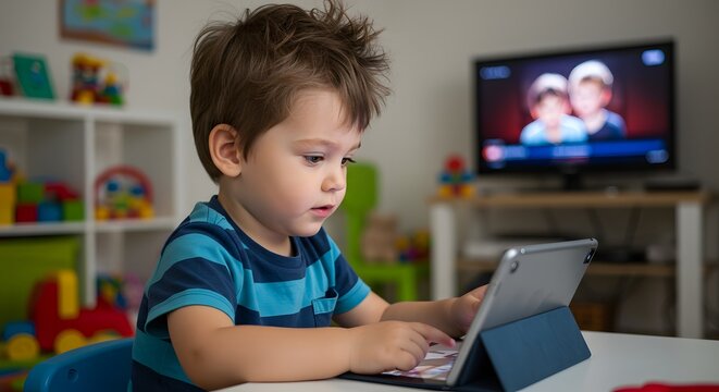 A young boy with striped shirt using a tablet in a room with toys and a television in the background overstimulated children with excessive screen time
