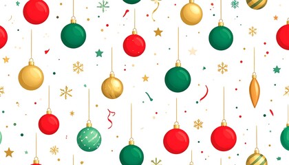 Festive pattern of hanging ornaments, confetti, and stars on white