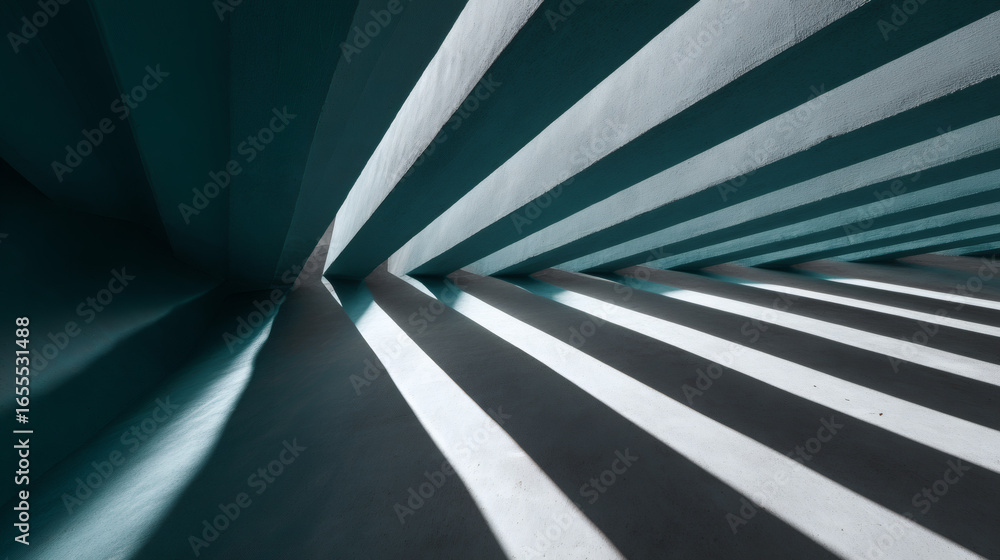 Poster abstract architectural image featuring radiating silver gray and muted teal beams casting dynamic sh