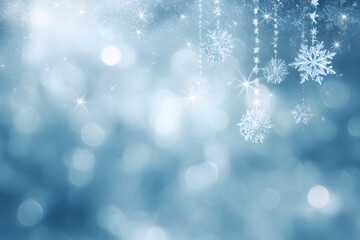 Snowflakes and sparkling winter background. Blue bokeh with ice decorations