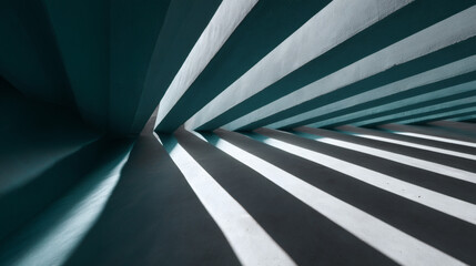 Naklejka premium Abstract architectural image featuring radiating silver gray and muted teal beams casting dynamic shadows. geometric pattern creates sense of depth and movement, evoking modern and minimalist
