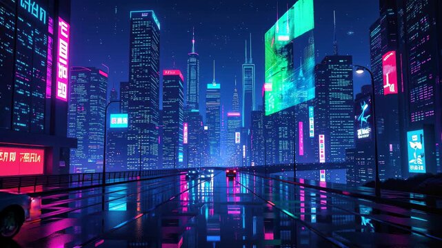 Cyberpunk Skyline Neon City Night Futuristic Street Vibrant Urban Digital Rain Reflection Car Skyscraper Neon Light Cityscape
