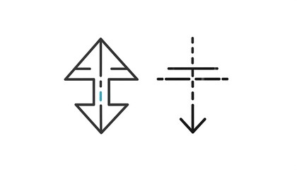 Two abstract geometric designs; one is a symmetrical arrow shape, the other a cross with a downward arrow